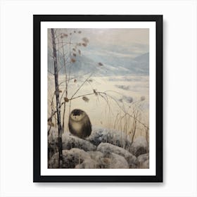 Vintage Winter Animal Painting Porcupine Art Print