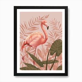 American Flamingo And Alocasia Elephant Ear Minimalist Illustration 2 Art Print