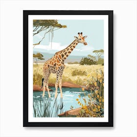 Giraffe In The Water Hole Modern Illustration 4 Póster