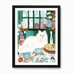 Tea Time With A White Fluffy Cat 2 Art Print