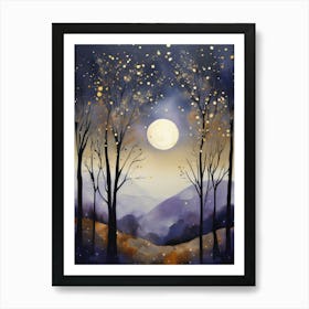 Cosmic Fall Night،
An ethereal boho painting that captures the beauty of a fall night sky. The background is a deep navy, speckled with tiny stars, while the foreground features silhouettes of autumn trees in shades of charcoal and dark olive. The moon is painted in a glowing silver, surrounded by soft wisps of mist in pale gold and lavender.
.14 Art Print