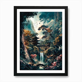 Japanese Temple in Mountain Waterfall Forest Art Painting #2 Art Print