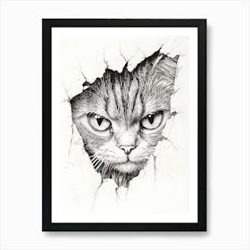 Angry Cat Watching from Wall Hole 13 Art Print