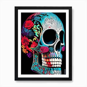 Skull With Vibrant Colors Linocut Art Print