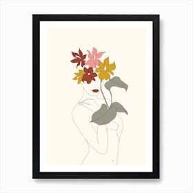 Colorful Thoughts Minimal Line Art Woman With Flowers V Art Print