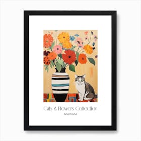 Cats & Flowers Collection Anemone Flower Vase And A Cat, A Painting In The Style Of Matisse 1 Art Print