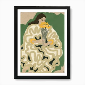 Woman With Flowers Green & Yellow Art Print