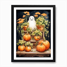 Cute Bedsheet Ghost, Botanical Halloween Watercolour 115 Art Print