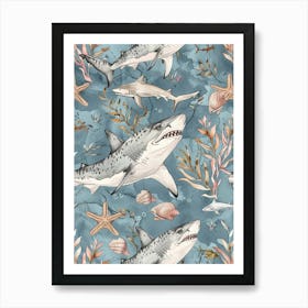 Pastel Blue Tiger Shark Watercolour Seascape Pattern 3 Art Print