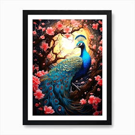 Peacock In Cherry Blossoms Art Print