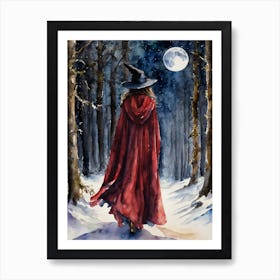 Red Witch in Winter - Witchy Watercolor Fairytale Art by Lyra the Lavender Witch, Pagan Walking Through Snowy Woods on Full Moon, Powerful Spellcasting Red Cloak, Red Witch's Hat, Snowing Forest Witchcore Art Print