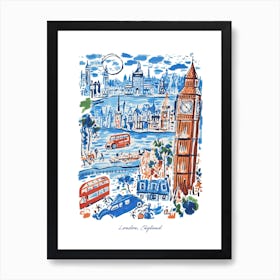 London City England Illustration Line Art Travel Blue Art Print