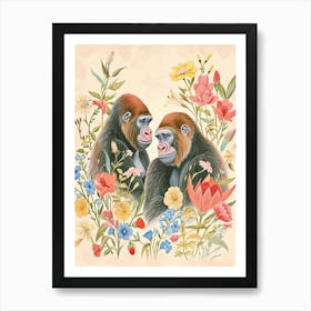 Folksy Floral Animal Drawing Gorilla 3 Art Print