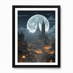 Fantastical cityscape where mythical creatures coexist with futuristic elements Art Print