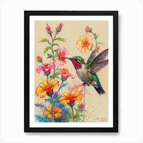 Hummingbird With Flowers Art Print