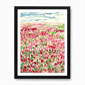 Red Tulips Field watercolor painting abstract flowers landscape hand painted red pink green floral impressionism impressionist Art Print