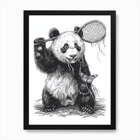 Giant Panda Cub Playing With A Butterfly Net Ink Illustration 1 Art Print