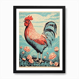 Vintage Bird Linocut Chicken 4 Art Print