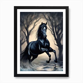 Black Horse In Water Art Print