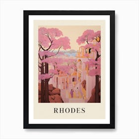 Rhodes Greece 2 Vintage Pink Travel Illustration Poster Art Print