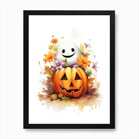 Cute Ghost With Pumpkins Halloween Watercolour 51 Art Print