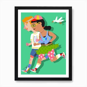 Running Couple With Bird Art Print