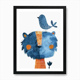 Small Joyful Lion With A Bird On Its Head 8 Art Print