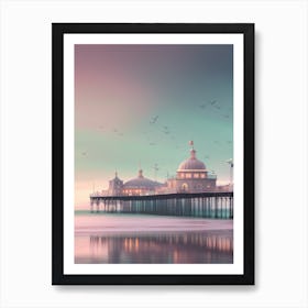 Fantasy Style Brighton Pier At Night Alternate Pink Galaxy Night Birds Art Print