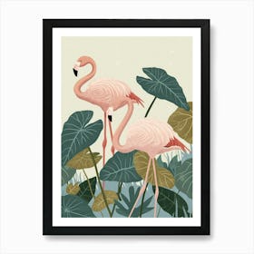 Lesser Flamingo And Alocasia Elephant Ear Minimalist Illustration 1 Poster