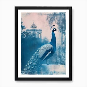 Peacock In A Tropical Garden Cyanotype Inspired Art Print