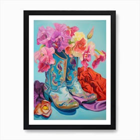 Oil Painting Of Pink And Red Flowers And Cowboy Boots, Oil Style 7 Art Print