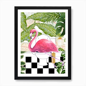 Flamingo on Toilet Funny Animal Bathroom Art Print