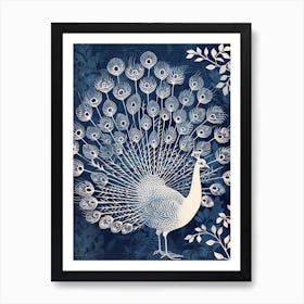Navy Blue & White Peacock Linocut Inspired Portrait 4 Art Print