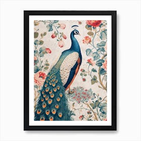 Cream Floral Peacock Wallpaper Inspired Art Print