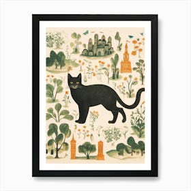 Medieval Style Map Of Black Cat In Garden Art Print