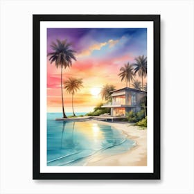 Beach House At Sunset Art Print