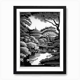 Hamarikyu Gardens, 1, Japan Linocut Black And White Vintage Art Print