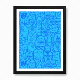 Cute Clusters of Monsters and Aliens Blue Monochrome Kids Art Print