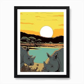 Two Rhinos In The Wild Block Colour Art Print