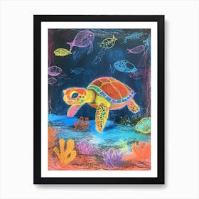 Sea Turtle & Friends At Night In The Ocean Art Print