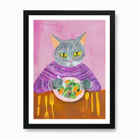 Blue Cat Eating Salad Folk Illustration 2 Art Print