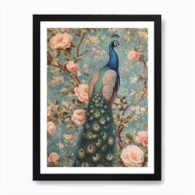 Vintage Floral Peony Pink & Blue Peacock Art Print