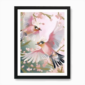 Pink Ethereal Bird Painting Cedar Waxwing Art Print