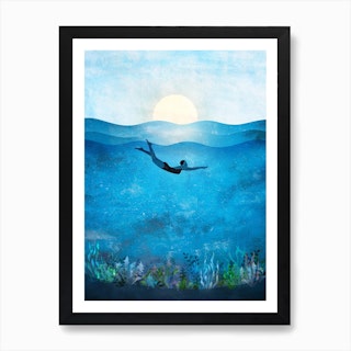 Underwater Woman Swimming In The Sea Art Print