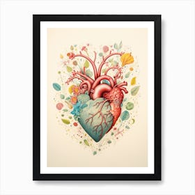 Sepia Pastel Heart & Leaves Detailed Illustration Art Print