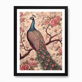 Blush Pink Floral Peacock Wallpaper Art Print