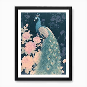 Vintage Floral Peacock Cyanotype Inspired 4 Art Print