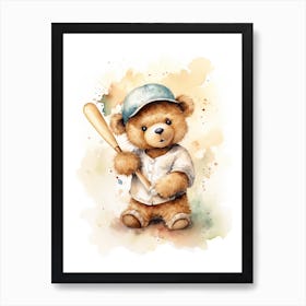Baseball Teddy Bear Painting Watercolour 1 Art Print
