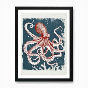 Octopus In Ocean Blue Linocut Background 4 Art Print