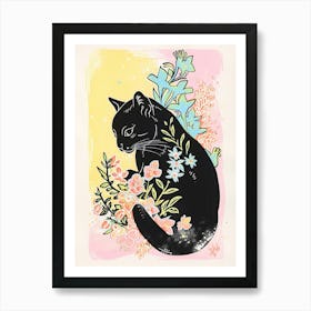 Cute Black Cat With Flowers Illustration 5 Art Print